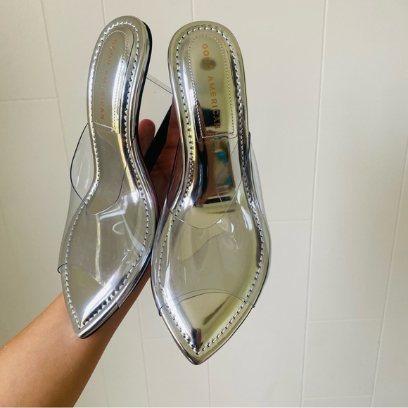 Good American Cinder F Rella Wedge Silver Lucite Triangle Block Heels Size 7​ - Picture 5 of 6